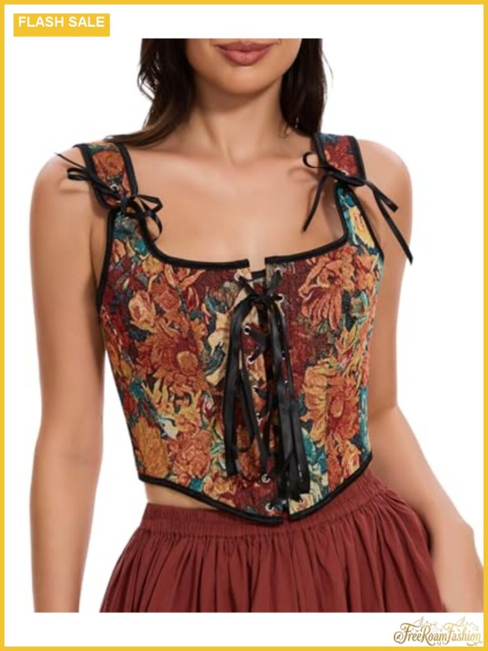 Bustier Corset Top Lace Up Front Renaissance Denim Floral Pattern